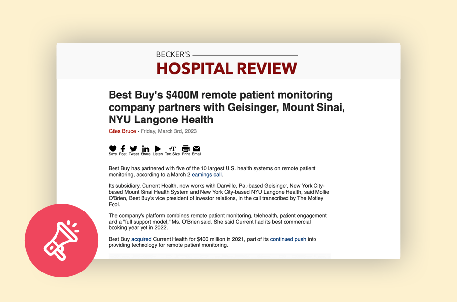 Best Buy’s $400M remote patient monitoring company partners with Geisinger, Mount Sinai, NYU Langone Health